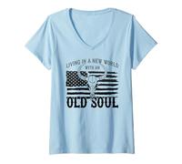 Femme Old Soul New World, Drapeau américain, Patriotique, crâne Pays T-Shirt avec Col en V
