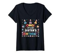 Femme OMG C’est L’Anniversaire De Ma Soeur Fête Colorée T-Shirt avec Col en V