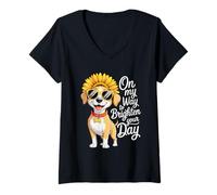Femme on My Way to Brighten Your Day Funny Dog Tournesol T-Shirt avec Col en V