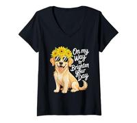 Femme on My Way to Brighten Your Day propriétaire de Chien Tournesol T-Shirt avec Col en V
