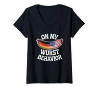 Femme on My Wurst Behavior Oktoberfest Funny German American Flags T-Shirt avec Col en V