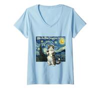 Femme on s'en fout du Club Van Gogh Funny Cat WDNC T-Shirt avec Col en V
