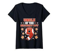 Femme Oncle of Birthday Boy 9 Football Sports 9ème Anniversaire pour Enfants T-Shirt avec Col en V