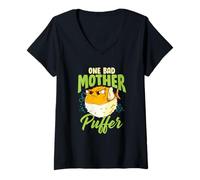 Femme One Bad Mother Puffer Hilarious & Cute Puffer Fish T-Shirt avec Col en V