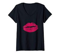 Femme ONE BIG KISS RED PINK LIPSTICK KISS & UNE MARQUE DE BEAUTÉ T-Shirt avec Col en V