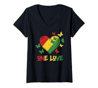 Femme One Love Rasta Cœur Reggae Roots Jamaica Butterfly Peace T-Shirt avec Col en V