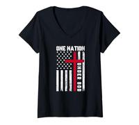 Femme One Nation Under God Drapeau américain Croix chrétienne Patriotique T-Shirt avec Col en V