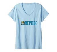 Femme One Piece Luffy Jolly Roger Blue Logo T-Shirt avec Col en V