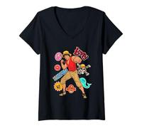 Femme One Piece Luffy Stickers T-Shirt avec Col en V