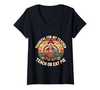 Femme One Thankful for My Teacher Retro Funny Turkey Take T-Shirt avec Col en V