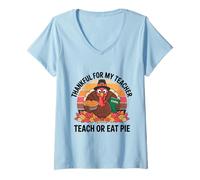Femme One Thankful for My Teacher Retro Funny Turkey Take T-Shirt avec Col en V