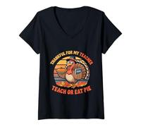Femme One Thankful for My Teacher Retro Funny Turkey Take T-Shirt avec Col en V