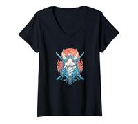 Femme Oni Demon Katana Masque de feu Samouraï T-Shirt avec Col en V
