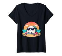 Femme Onigiri Summer Vibes Kawaii Riceball avec Lunettes de Soleil T-Shirt avec Col en V