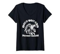 Femme Only You Can Prevent Fascism Lion Antifascisme Activisme T-Shirt avec Col en V