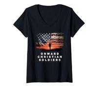Femme Onward Christian Soldiers - Faith Vintage Flag USA Graphic T-Shirt avec Col en V