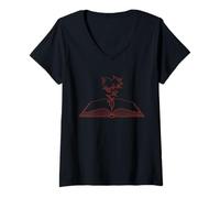 Femme Open Book Heart Vine Minimalist Line Littéraire Esthétique T-Shirt avec Col en V