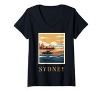 Femme Opéra de Sydney, Australie, Harbour Bridge, Vintage Travel T-Shirt avec Col en V