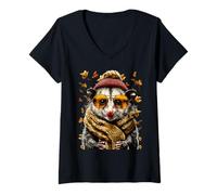 Femme Opossum d'automne avec Lunettes de Soleil Motif Feuilles d'automne Animaux Sauvages T-Shirt avec Col en V