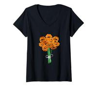 Femme Orange Color Flower Kisses Orange Graphic T-Shirt avec Col en V