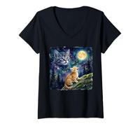 Femme Orange Tabby Cat Moon and Stars Night Sky Art T-Shirt avec Col en V