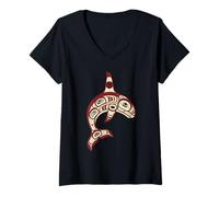 Femme Orca Totem Spirit Animal indigène Pacific Northwest Style T-Shirt avec Col en V