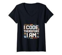 Femme Ordinateur I CODE, THEREFORE I AM Nerd T-Shirt avec Col en V