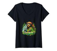 Femme Oregon Randonnée Ours Forêt Cascade Vibes T-Shirt avec Col en V