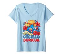 Femme Orgullo Boricua Pava Hat Coquí Frog Domino Puerto Rico Flag T-Shirt avec Col en V