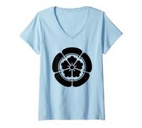 Femme Oriental Vintage Noir Jaune Japon Oda Kamon T-Shirt avec Col en V