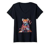 Femme Origami Panda Rouge Kawaii Kimono Petits Pandas Chat Ours T-Shirt avec Col en V