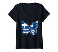 Femme Origine Grecque Drapeau Grèce Papillon Racines grecques T-Shirt avec Col en V