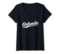 Femme Orlando Florida Cool Retro Script Années 70 Texte Blanc Vintage T-Shirt avec Col en V