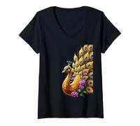 Femme Orné Plumes de Paon Orchidée Oiseau Exotique Nature T-Shirt avec Col en V
