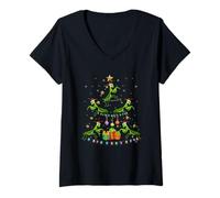 Femme Ornement de Noël Amusant et d'insectes en Train de Prier T-Shirt avec Col en V