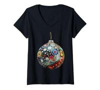 Femme Ornement de Noël X-Mas Graphic Famille Décoration de Noël T-Shirt avec Col en V