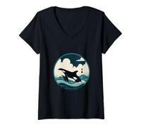 Femme Orque Scène Océan T-Shirt avec Col en V