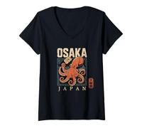 Femme Osaka Japon Takoyaki Octopus Foodie Retro Kanji Souvenir T-Shirt avec Col en V