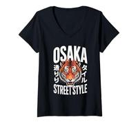 Femme Osaka Streetwear Tigre flamboyant japonais asiatique Japon Tokyo T-Shirt avec Col en V