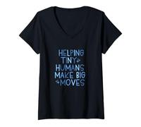 Femme OT & PT Aide Les Petits Humains à Faire de Grands mouvements - Bleu T-Shirt avec Col en V