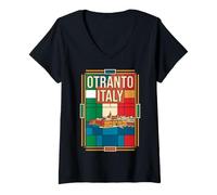 Femme Otrante Drapeau Italie Château Aragonais Forteresse côtière Vintage T-Shirt avec Col en V