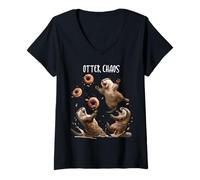 Femme Otter Chaos, Bagel Amusant, Combat, loutres de mer, Jeu de Mots T-Shirt avec Col en V