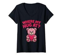 Femme Où Mon câlin à l'ours Tenant Un cœur Adorable Ours Rose T-Shirt avec Col en V