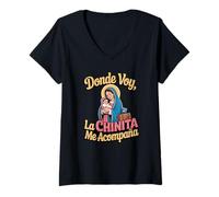 Femme Où voy la Virgen de la Chinita m'accompagne T-Shirt avec Col en V