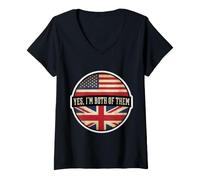 Femme Oui, Je suis Tous Les Deux, moitié américain, moitié Britannique, Drapeau des États-Unis et du Royaume-Uni T-Shirt avec Col en V