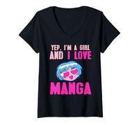Femme Oui Je suis Une Fille Et J’Aime Le Manga Humour T-Shirt avec Col en V