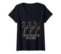 Femme Our Flock Rocks Chic Outline Flamingo Design Minimal Black T-Shirt avec Col en V