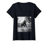 Femme Ours Amusant sautant sur Un Trampoline, Motif Animal de la forêt T-Shirt avec Col en V