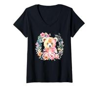 Femme Ours Aquarelle Floral pour sa Fille, Petite-Fille T-Shirt avec Col en V