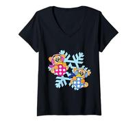 Femme Ours Boules de Noël drôle Mignon Flocon de Neige Xmas T-Shirt avec Col en V